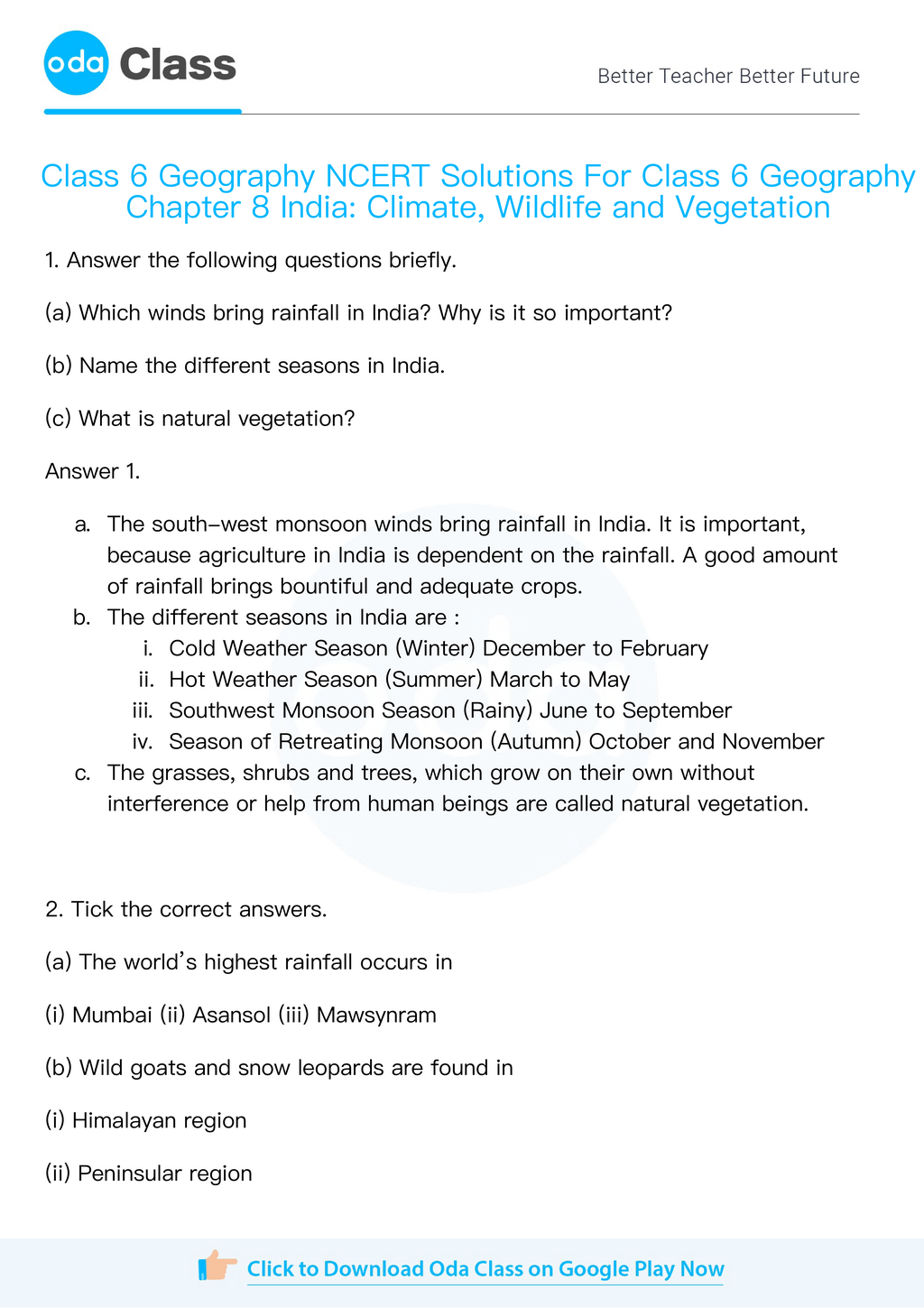 NCERT Solutions for Class 6 Geography Chapter 8